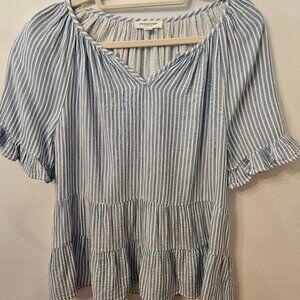 Beach Lunch Lounge Akia Blue & White Striped Ruffle Blouse Size Medium
